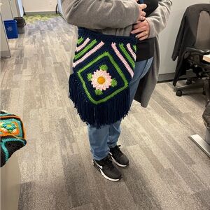 Handmade Crochet Fringe Crossbody Bag - Navy, Green & Pink